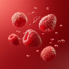 Fresh raspberries in motion on gradient red background