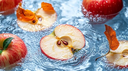 Vibrant Red Apples Floating Gracefully in Clear Crystal Water Surrounded by Lush Greenery Creating a Fresh and Inviting Scene Perfect for Illustrating Nature and Healthy Living Concepts