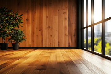 Modern office interior with wooden wall and floor, featuring plants and large windows. warm sunlight creates serene atmosphere, perfect for productivity