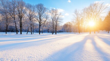 Obraz premium Sunlit Winter Park Snow-covered trees cast long shadows at sunset, creating a serene winter landscape ideal for seasonal designs and calendars