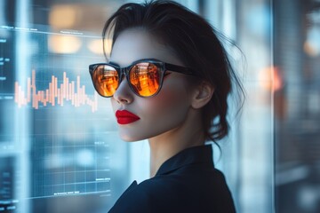 Stylish Woman with Orange Sunglasses in Front of Data Screen