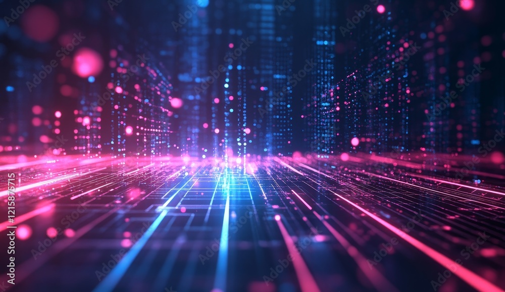 Poster abstract digital city with glowing lines and particles.