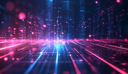 Fototapeta premium Abstract digital city with glowing lines and particles.