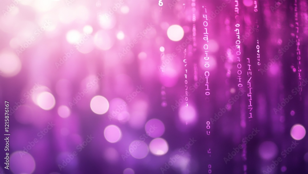 Poster Abstract purple bokeh background with falling binary code.