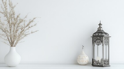 Elegant Minimalist Decor Featuring Lanterns and Dried Flowers