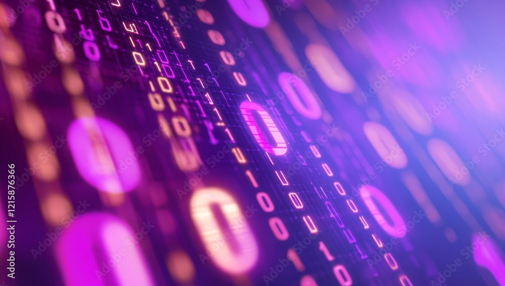 Poster Abstract binary code background with glowing purple and orange digits.