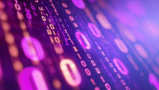 Abstract binary code background with glowing purple and orange digits.