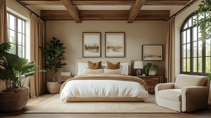 Cozy and Inviting Bedroom Featuring a Comfortable Bed Elegant Chair and Lush Green Plant Creating a Relaxing Atmosphere for Rest and Rejuvenation in a Peaceful Home Environment