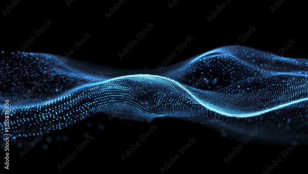 Poster abstract blue wave particle flow on black background.