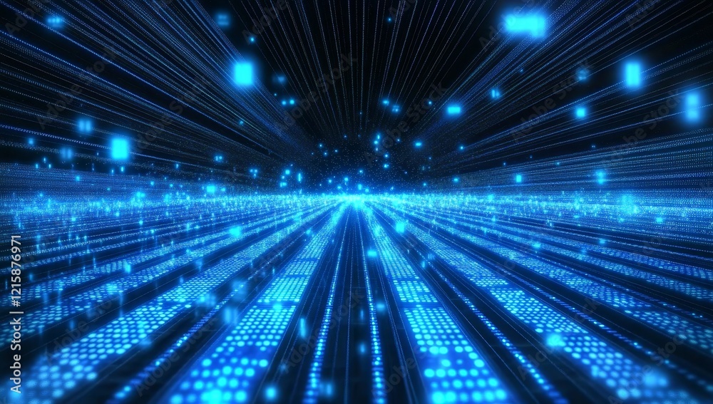 Poster abstract blue digital data stream, glowing lines and particles, futuristic technology background.