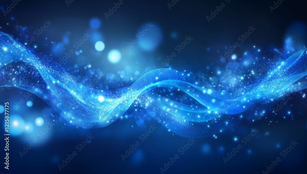 Poster abstract blue glowing wave with sparkling particles on dark background.