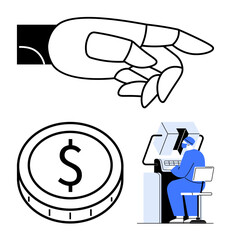 Robotic hand poised in gesture, coin icon representing finances, individual working on futuristic tech. Ideal for automation, AI, robotics, finance, innovation, workspaces abstract line flat