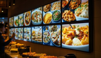 Digital menu boards display diverse food options in a modern restaurant setting.