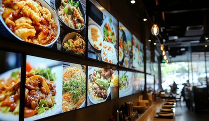 Illuminated menu board showcasing various Asian dishes in a restaurant.