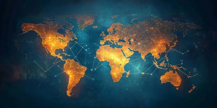 Glowing world map with connecting lines, illustrating global network.