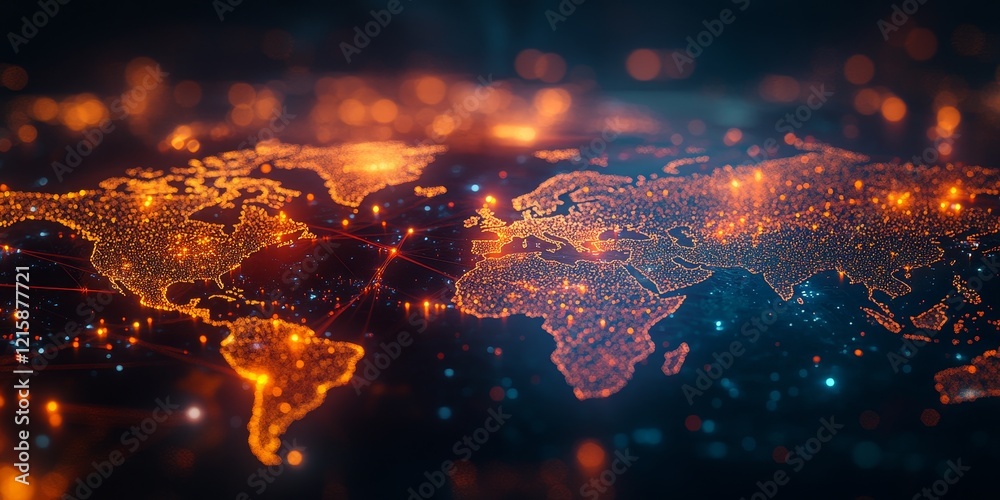 Poster glowing world map with network connections.