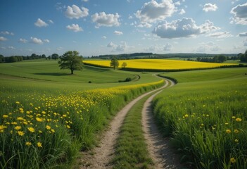 Scenic Country Road Winding Through Vibrant Yellow Fields