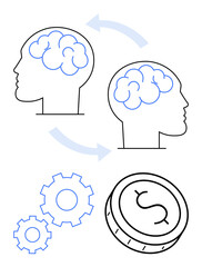 Two human heads with brains connected by arrows, gears and a coin with a dollar sign. Ideal for education, collaboration, innovation, investment, business strategy, knowledge sharing, partnership