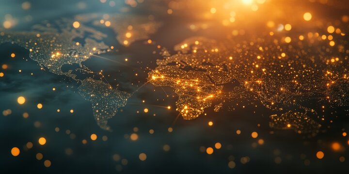 Global network connection, illuminated world map at night.