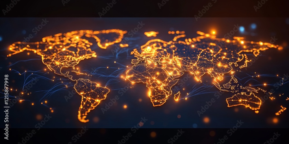 Poster glowing world map depicting global network connections.