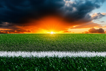 vibrant sunset over soccer field with white lines, showcasing dramatic sky filled with clouds. scene evokes sense of tranquility and anticipation
