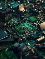 Fototapeta premium Green Circuit Board Close Up Shows Complex Technology. AI Generated