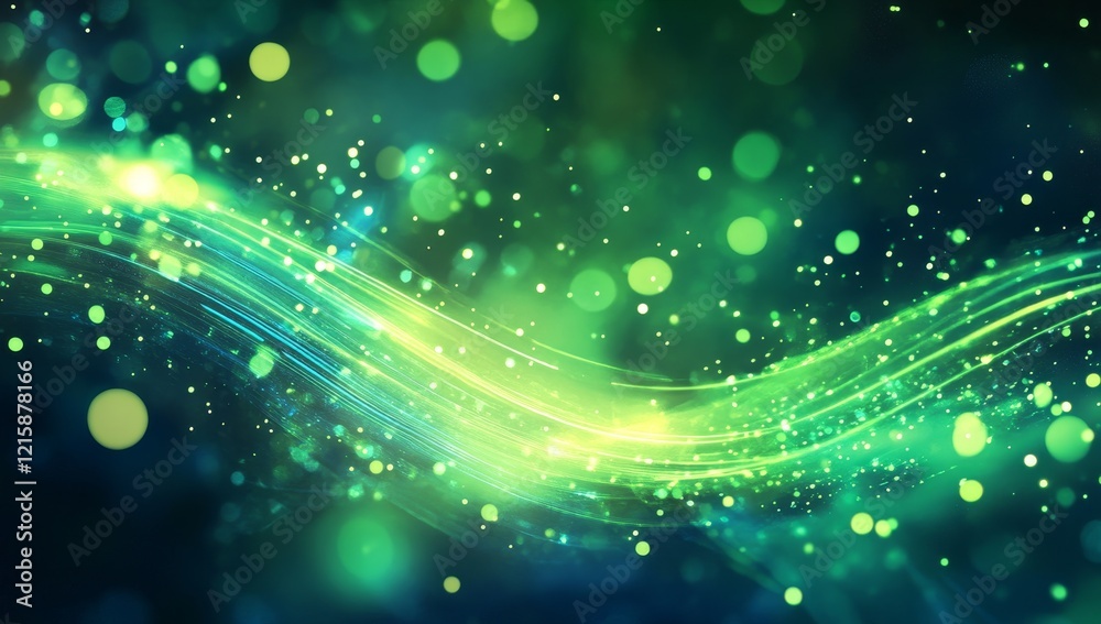 Poster Abstract green wave with bokeh lights.