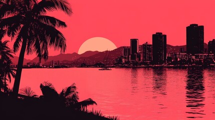 Crimson Sunset Over a Coastal Cityscape with Palm Trees