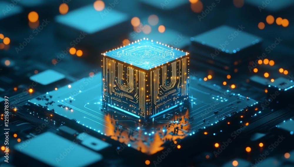 Aufkleber Futuristic cube processor on circuit board.