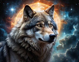 Majestic Wolf in a Cosmic Embrace: A Mystical Digital Art