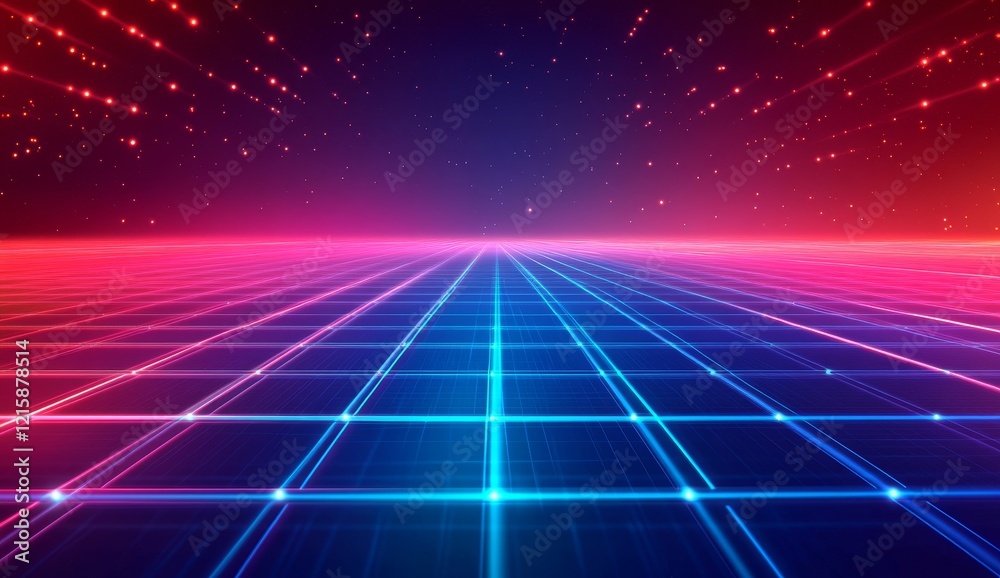 Aufkleber futuristic grid landscape with vibrant neon lines and glowing particles.