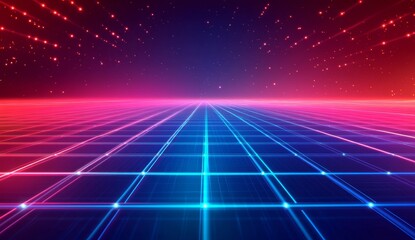 Futuristic grid landscape with vibrant neon lines and glowing particles.