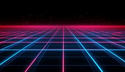 Retro grid landscape with glowing neon lines and pink, blue light.