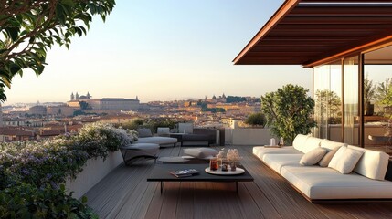Naklejka na ściany i meble Modern rooftop terrace overlooking cityscape at sunset. Ideal for luxury real estate, travel, or lifestyle projects.