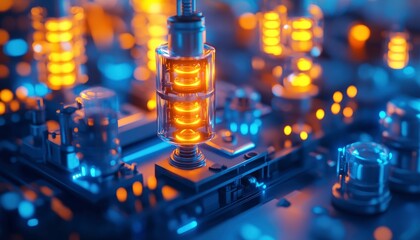 A close-up of a futuristic circuit board with glowing components.