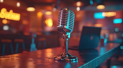 Retro microphone on bar, laptop backdrop, blurred nightclub scene