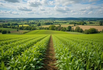 Vast agricultural field of young plants under a vibrant blue sky.