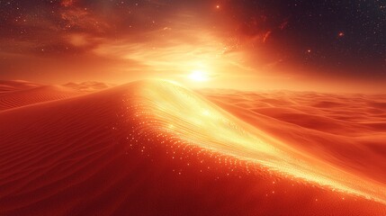 Fiery Sunset over Martian Dunes: A Surreal Desert Landscape