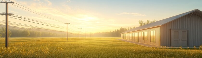 Rural Sunrise with Modern Barn and Power Lines.