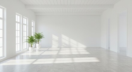 Minimalist interior, bright white room, large windows, natural light, shadow patterns, potted plants, indoor greenery, polished concrete floor