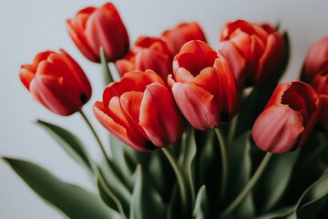 Fototapeta premium Close-up of a Vibrant Bunch of Coral Red Tulips