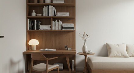Interior design, minimalist bookshelf, wooden desk, white wall, cozy reading nook, table lamp, decorative vase, neutral color palette, organized books