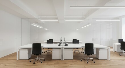 Modern minimalist office space, clean white walls, wooden floor, symmetrical desk arrangement, ergonomic black chairs, glass dividers
