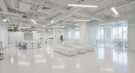 Modern open office space, minimalist design, all-white interior, bright natural lighting, reflective floors, glass partitions, sleek office furniture