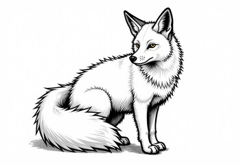 Obraz premium Minimalist Nine-Tailed Fox, Vector Line Art, Black Lines, White Background, Fine Line, Clean Design, No Shadow, No Gray, Simple Illustration, High Quality.