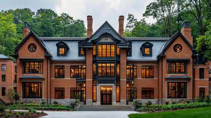 Magnificent Brick Mansion: A Luxurious Home Exterior at Night