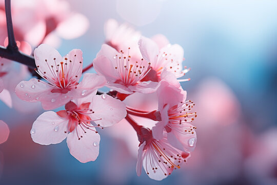 Blooming pink flowers of sakura cherry blossom season in springtime close up.  Nature background