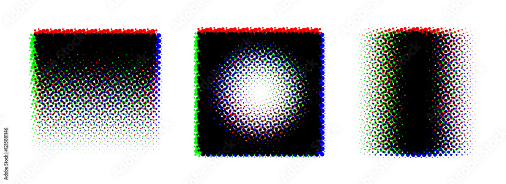Poster Square halftone gradient background set. RGB textured pixelated rectangle gradation. RGB color dotted fading shapes. Grunge ink press splash stains and blots. Print production raster glitch. Vector