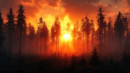 Fiery sunset over misty pine forest, background clouds