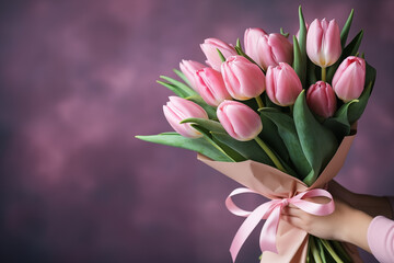 Obraz premium Pink tulips with gift. Mothers Day, Valentines Day, Birthday